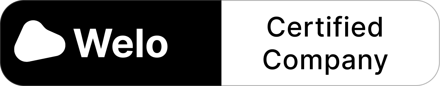Welo logo with Certified Company text on a black and white background.