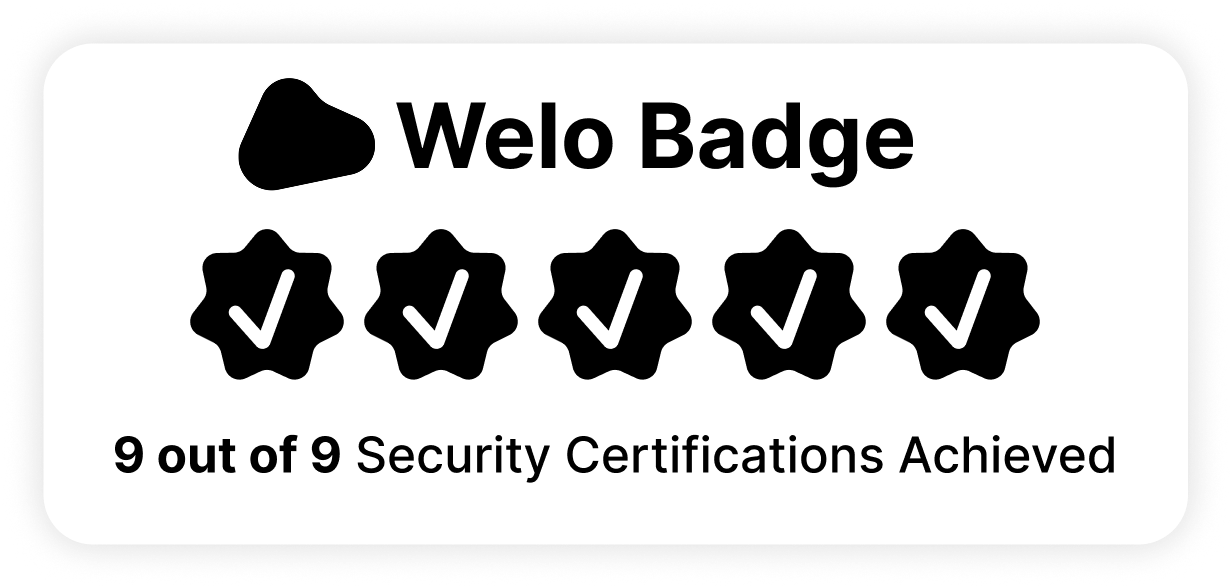 Welo badge with 5 tick badges and text that indicates the achievement of 9 out of 9 security certifications.